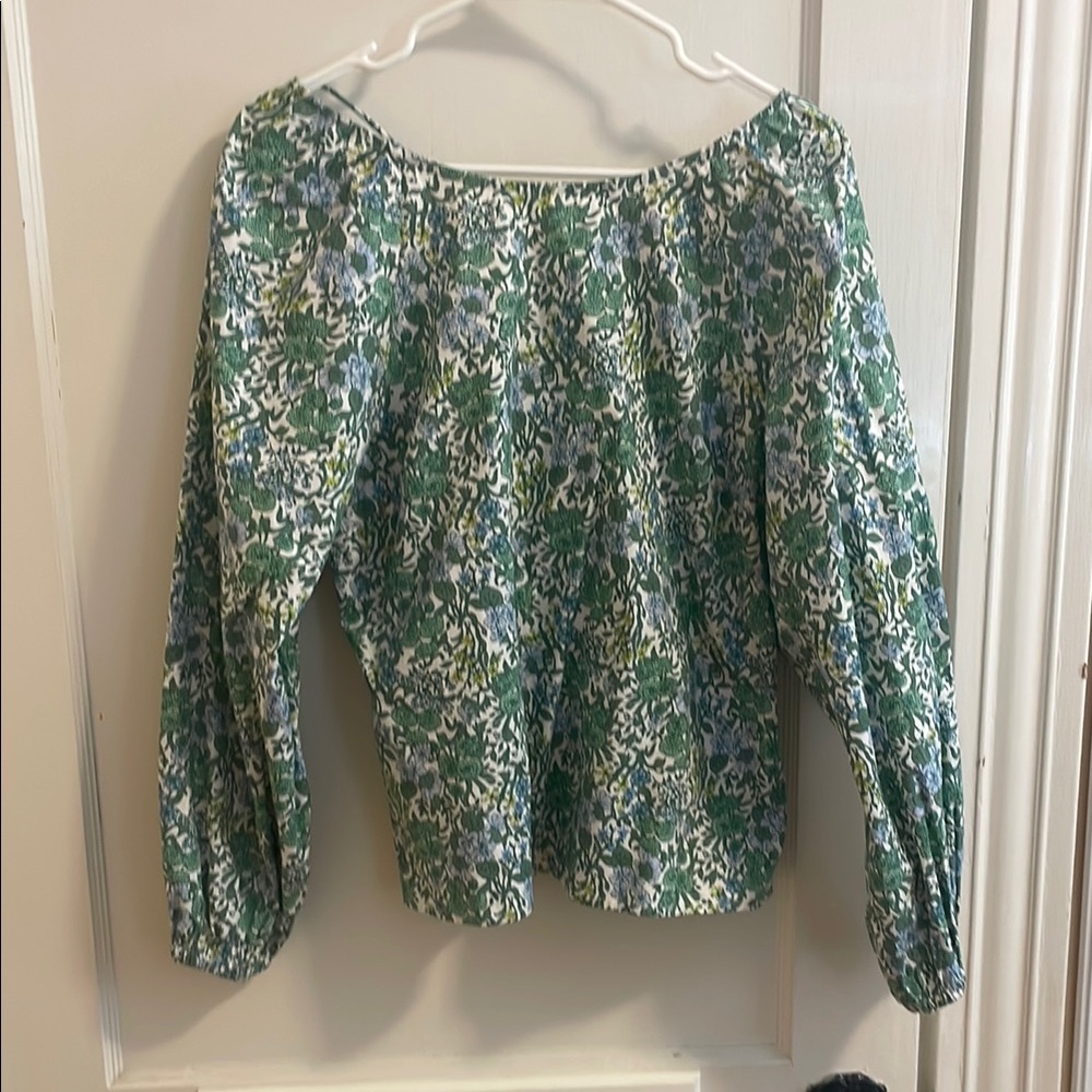 J. Crew Green and White Floral Blouse Relaxed Style